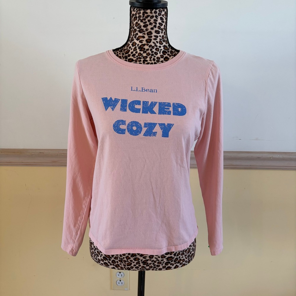 LL Bean Womens XS Pink Wicked Cozy Graphic Long Sleeve T-Shirt Cotton Blend Tee